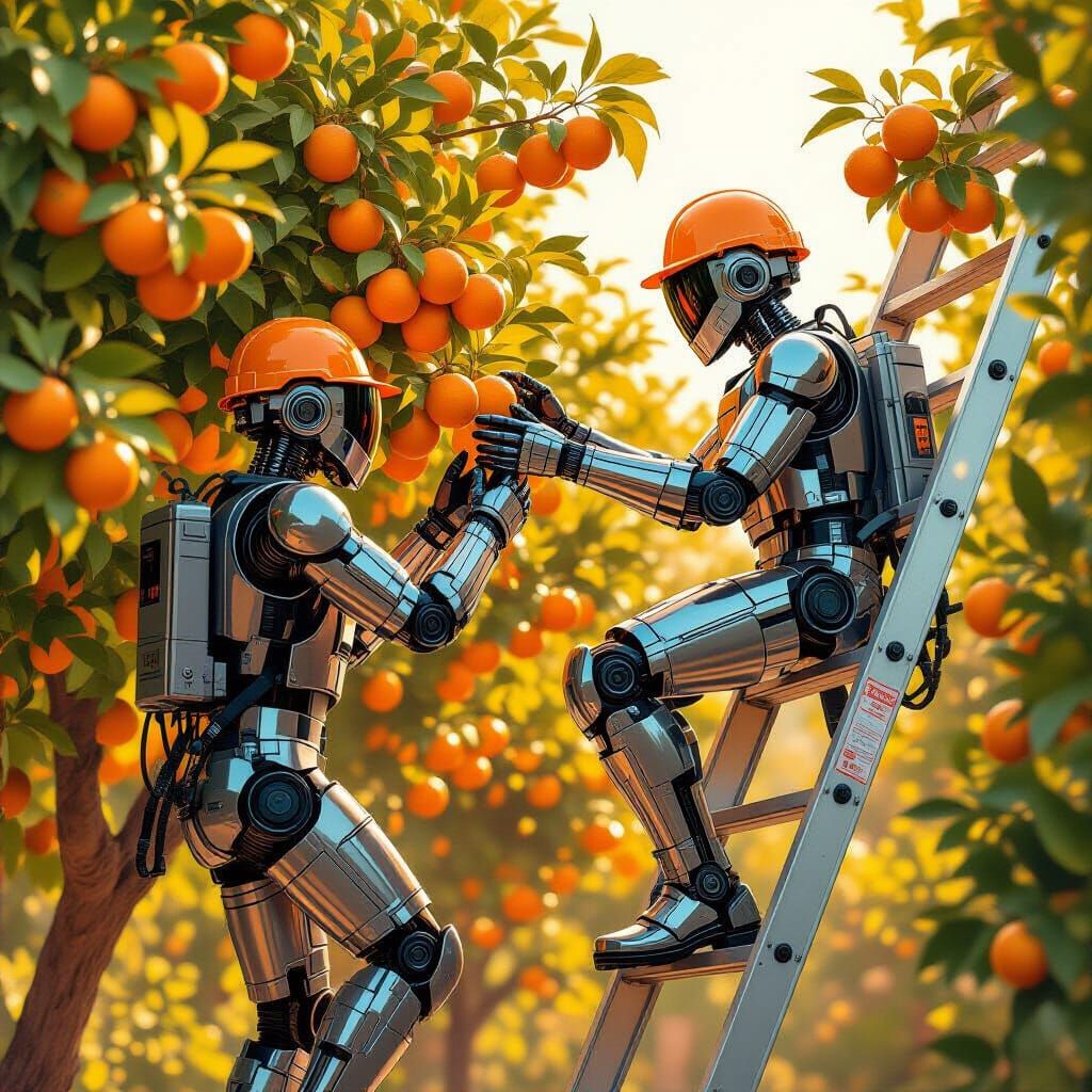 Robots Picking Oranges in Sunny Industrial Style