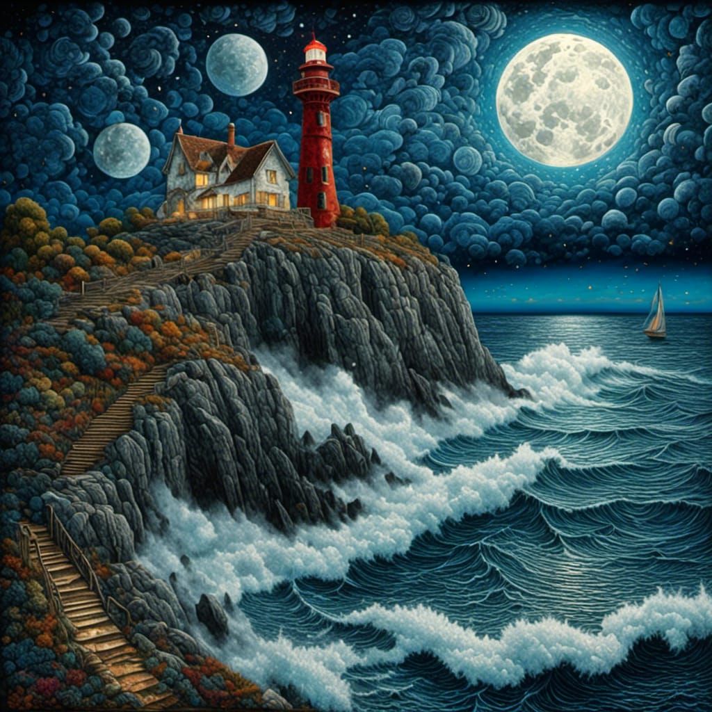 Chalk Cliff Lighthouse at Night in Gouache Style