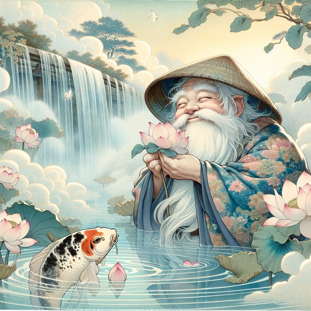 Gnome in Ukiyo-e Garden with Koi Fish