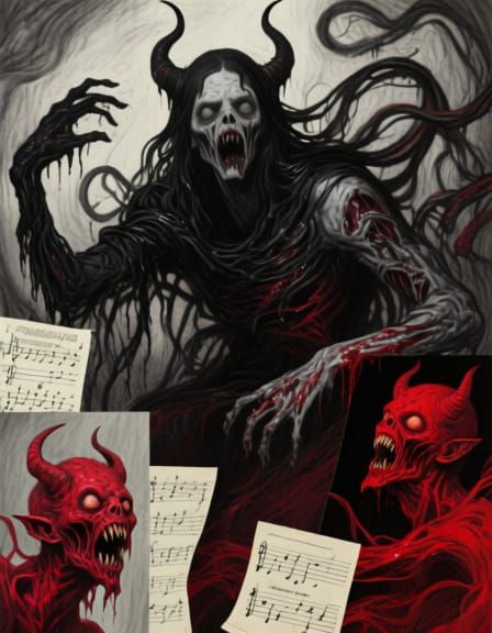 Demonic Crimson Horrors in Wet Charcoal Collage