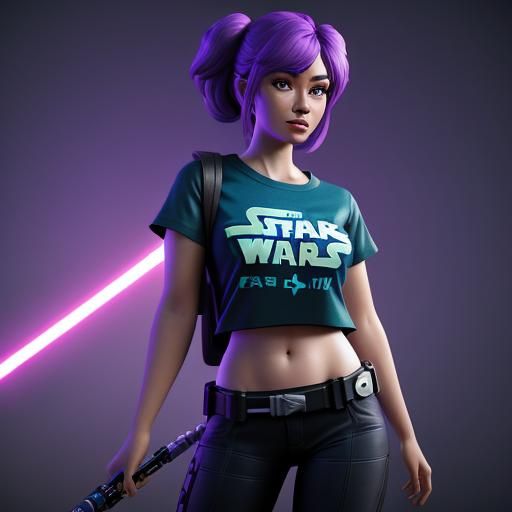 Girl in Star Wars Shirt with Lightsaber: 3D Digital Art