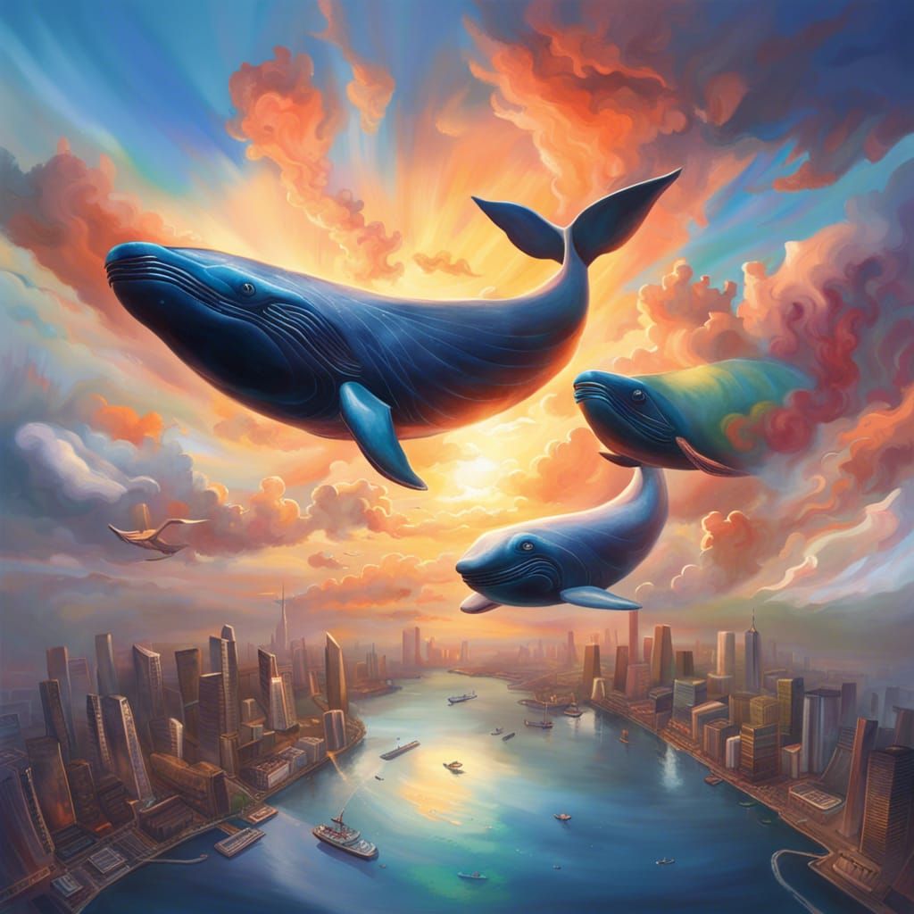 Cloud Whales Soaring Above City at Sunset