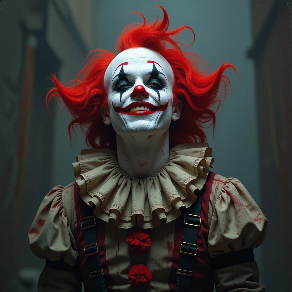 Defiant Post-Apocalyptic Clown in Gothic Dystopian Style