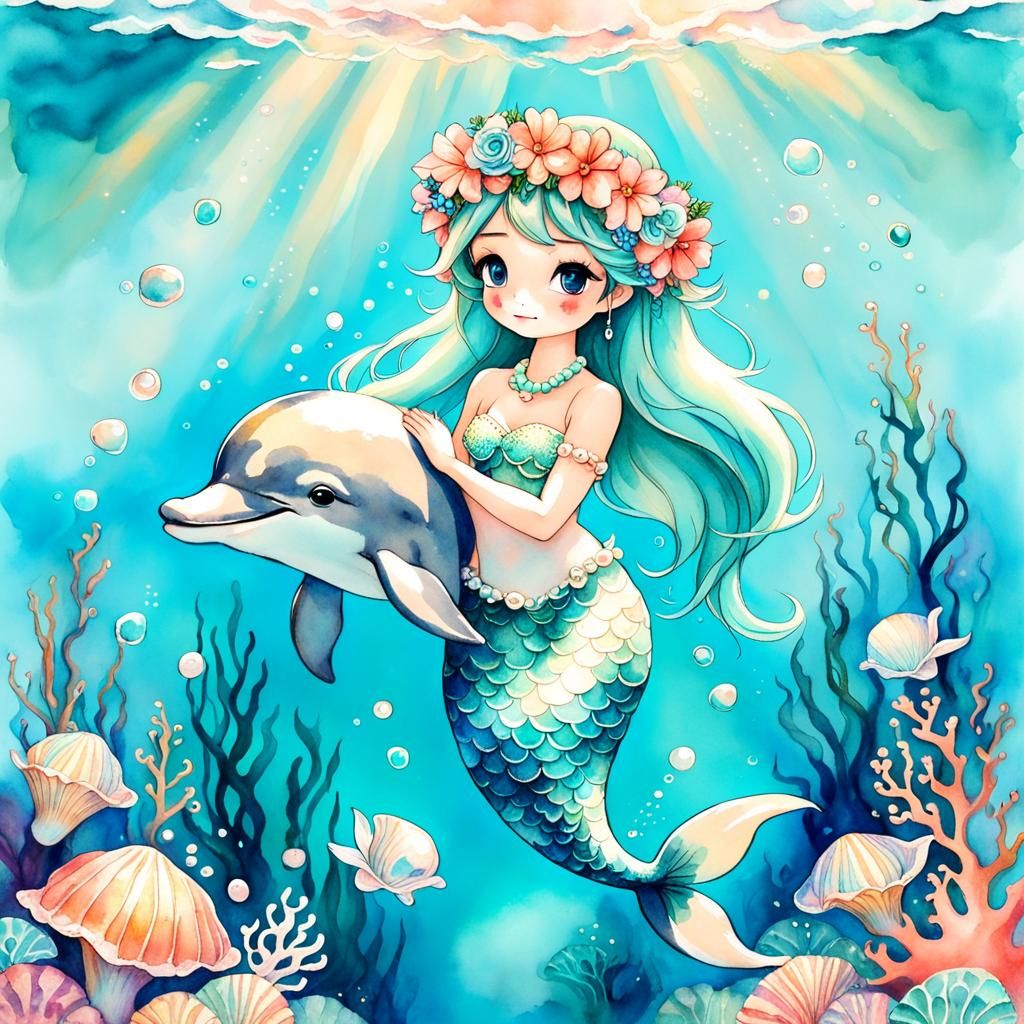 Dolphin and Mermaid with Flower Crowns in Watercolor