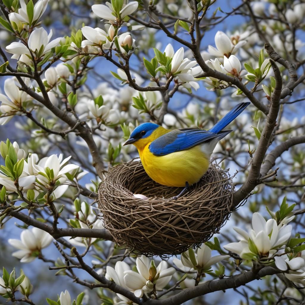Bird Nesting on Magnolia Branch at Night