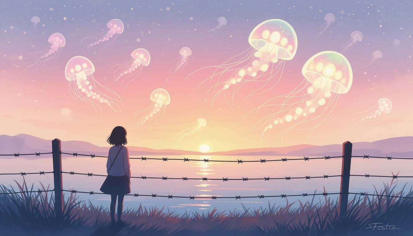 Ethereal Jellyfish Over Ocean in Watercolor Style