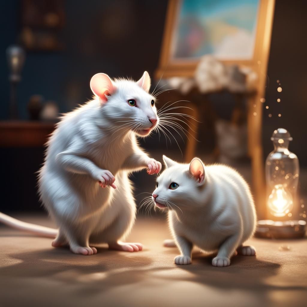 Hyperrealistic Rat and Cat Chat in Studio