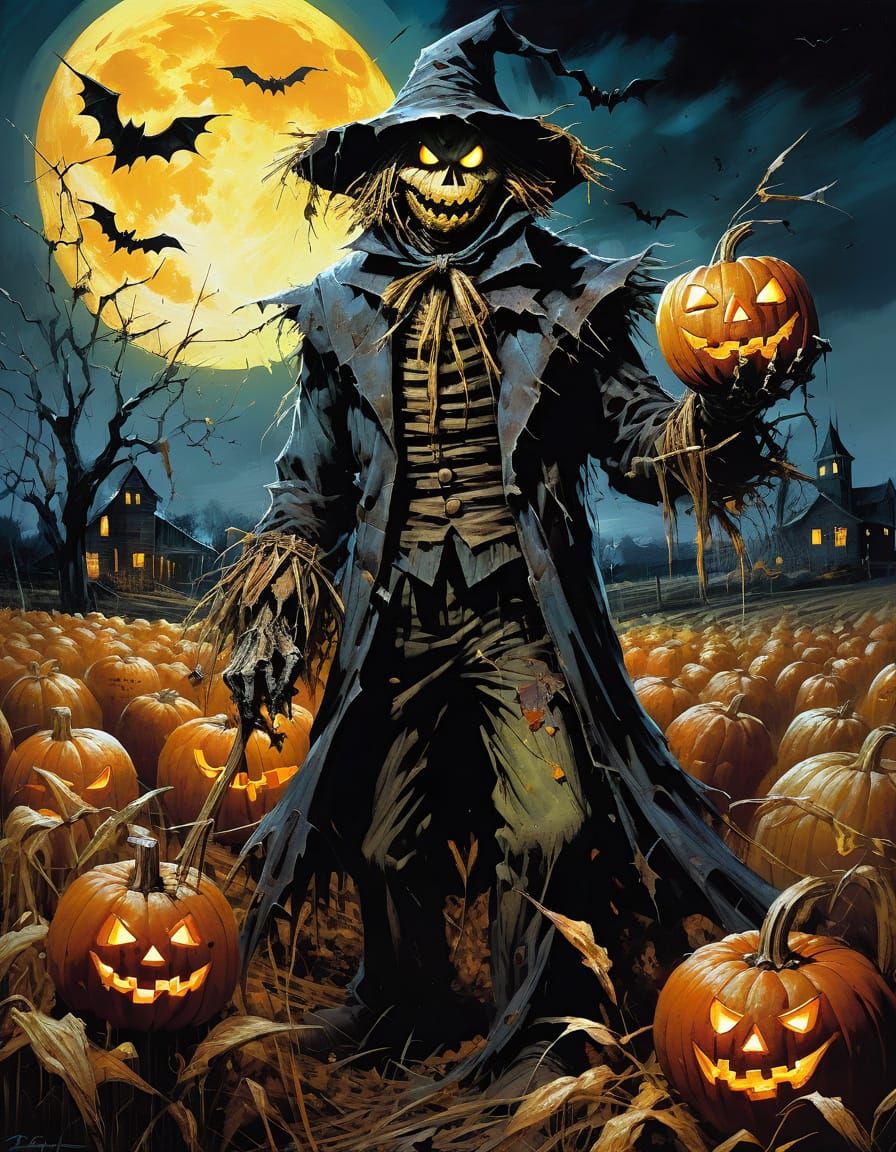 Evil Scarecrow Overlooking Haunted Harvest Under Dark Night ...
