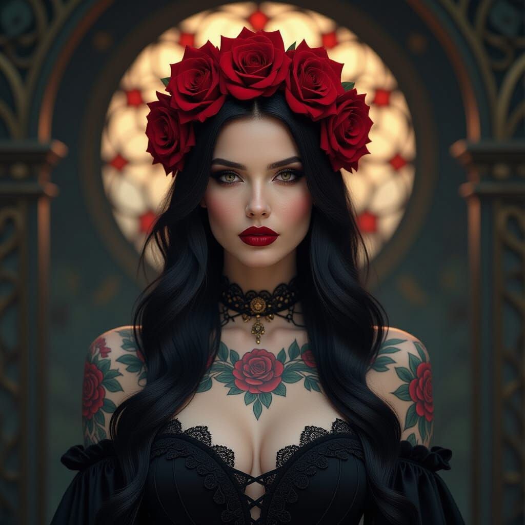 Gothic Woman with Rose Crown and Floral Tattoos