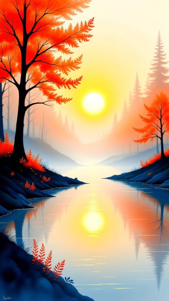 Sunrise Mirror Lake in Mid-Century Modern Zen Style