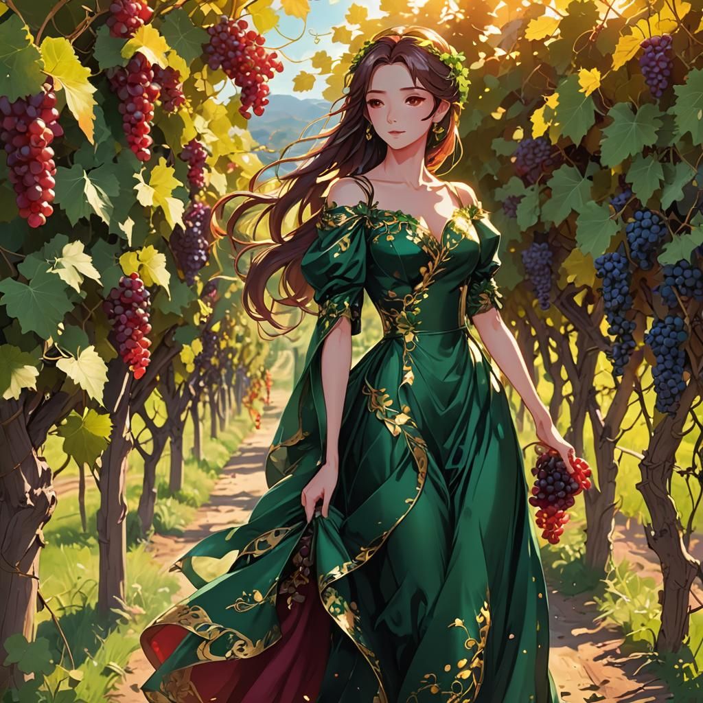 Girl in Emerald Gown Walking Through Vineyard