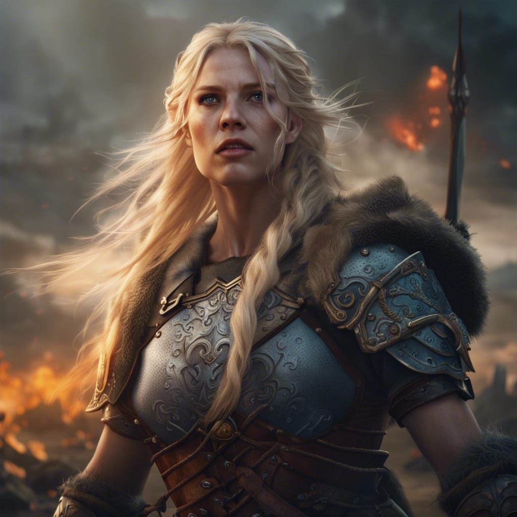 Blonde Shieldmaiden on Battlefield in Detailed Matte Paintin...