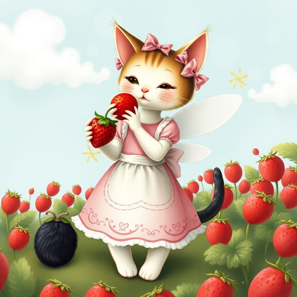 Whimsical Cat Fairy in Strawberry Field