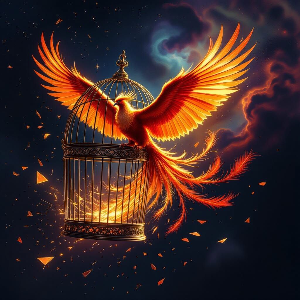 Phoenix Escapes Fiery Golden Cage Amidst Cosmic Nebula