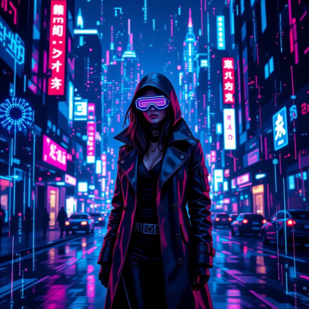 Cyberpunk Cityscape with Vector Fractals and Neon Lights