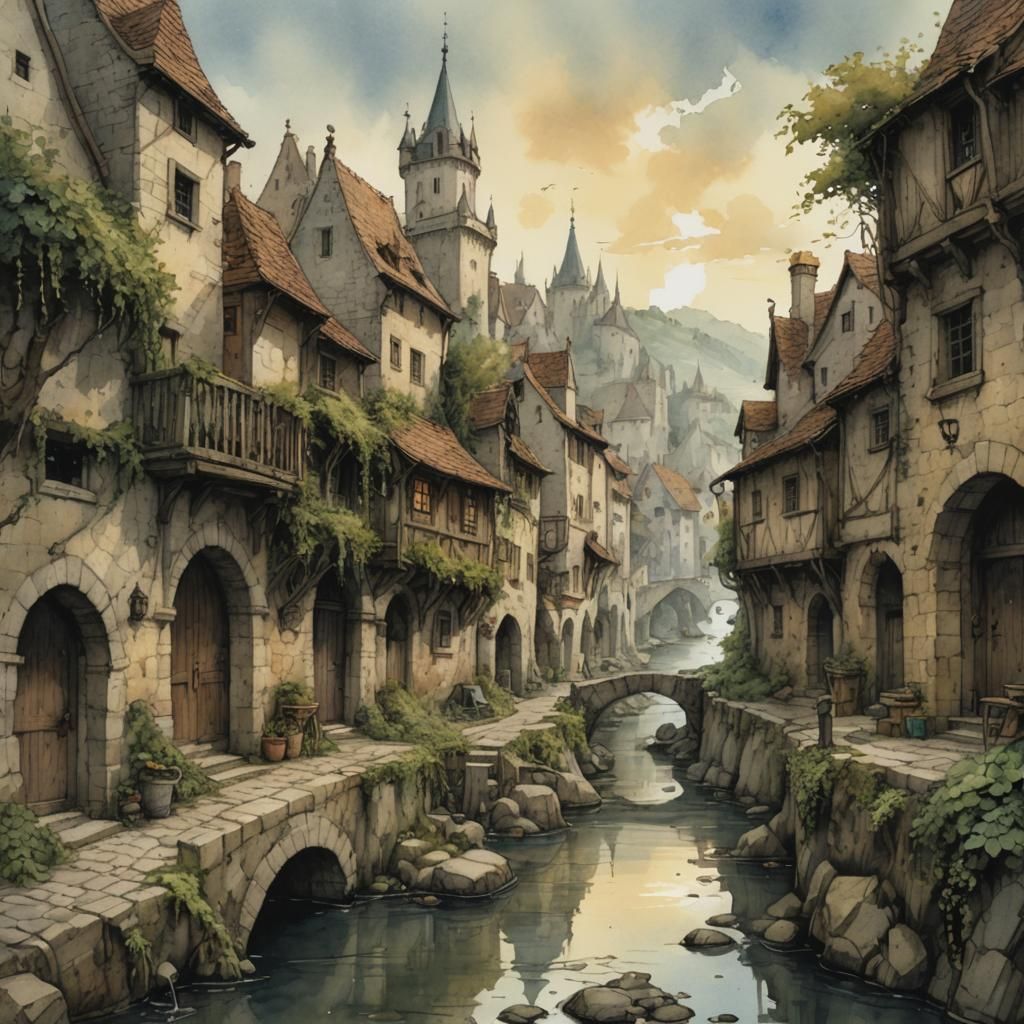 A medieval town's cobblestone walkway along the river