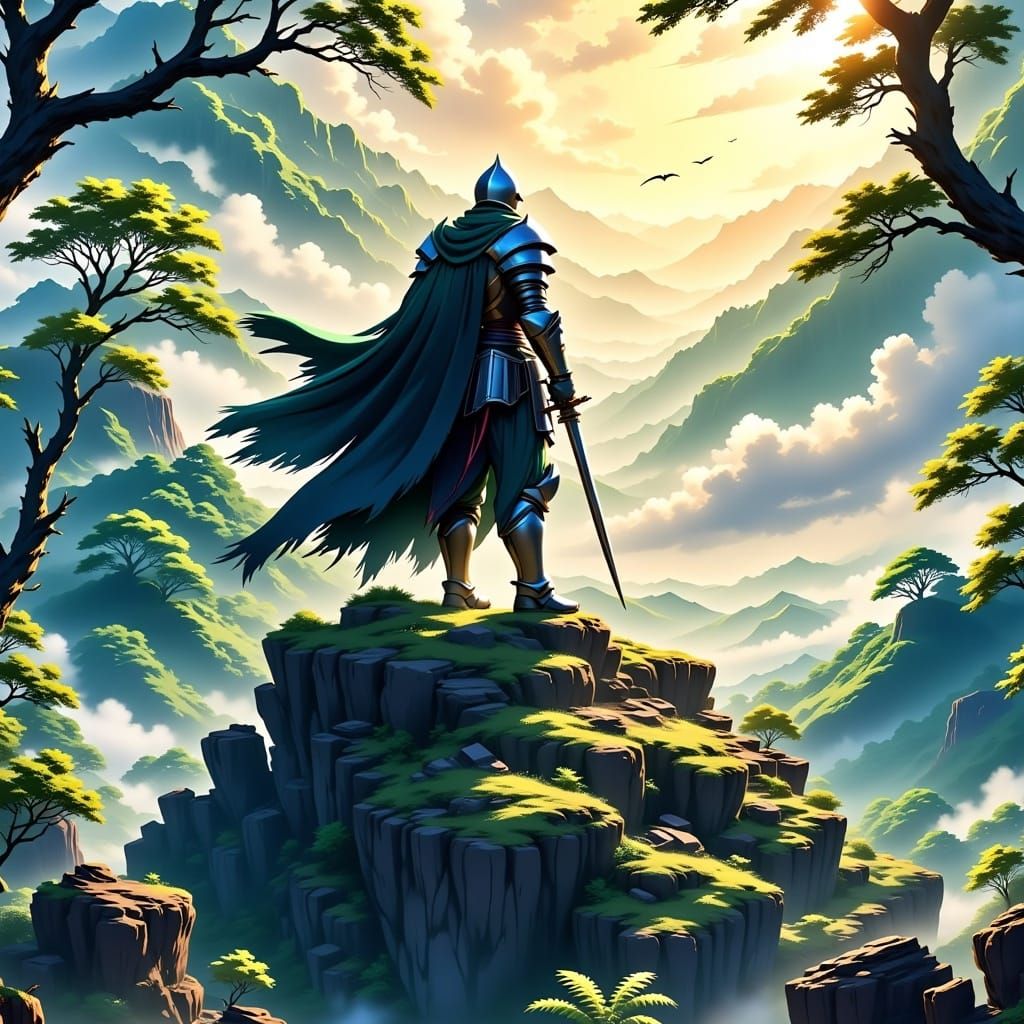 Majestic Knight Standing on a Hilltop in a Heroic Fantasy St...