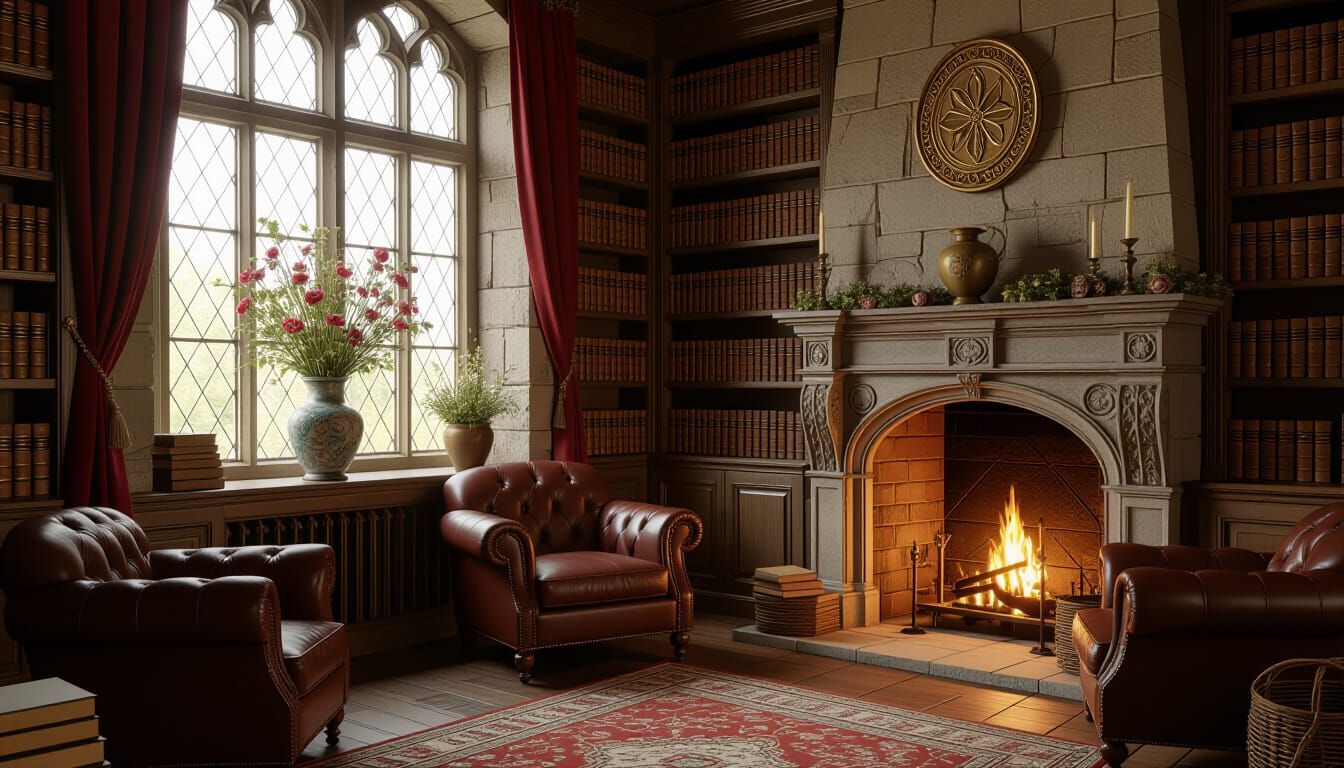 Medieval Library with Wildflowers, Art Nouveau Style