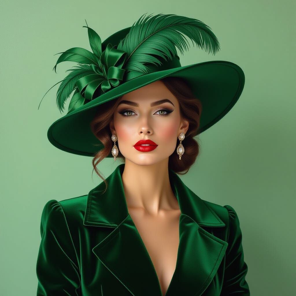 Elegant Woman in Green Hat: Impasto Acrylic Portrait