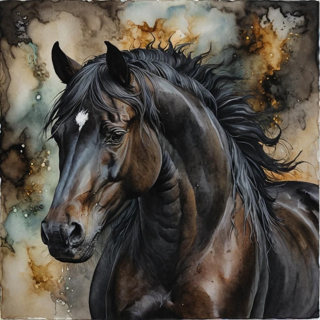 Alcohol Ink Portrait of a Black Horse
