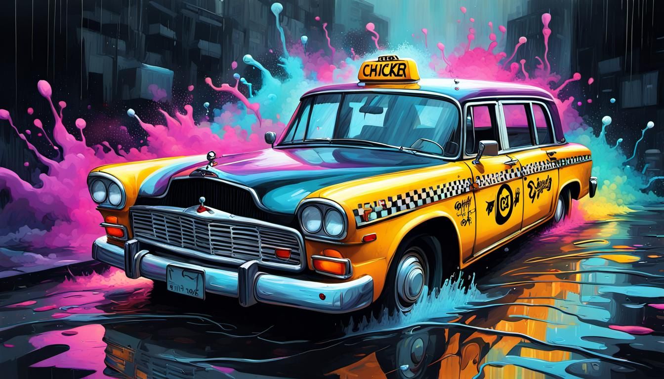 Checker Taxi Night Journey in Graffiti Art Style
