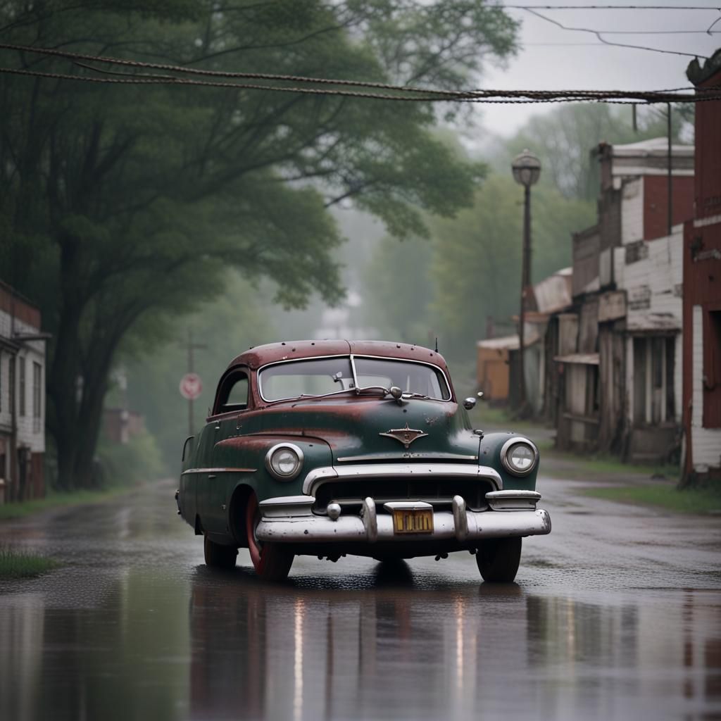 Abandoned 1950s Town on a Rainy Day