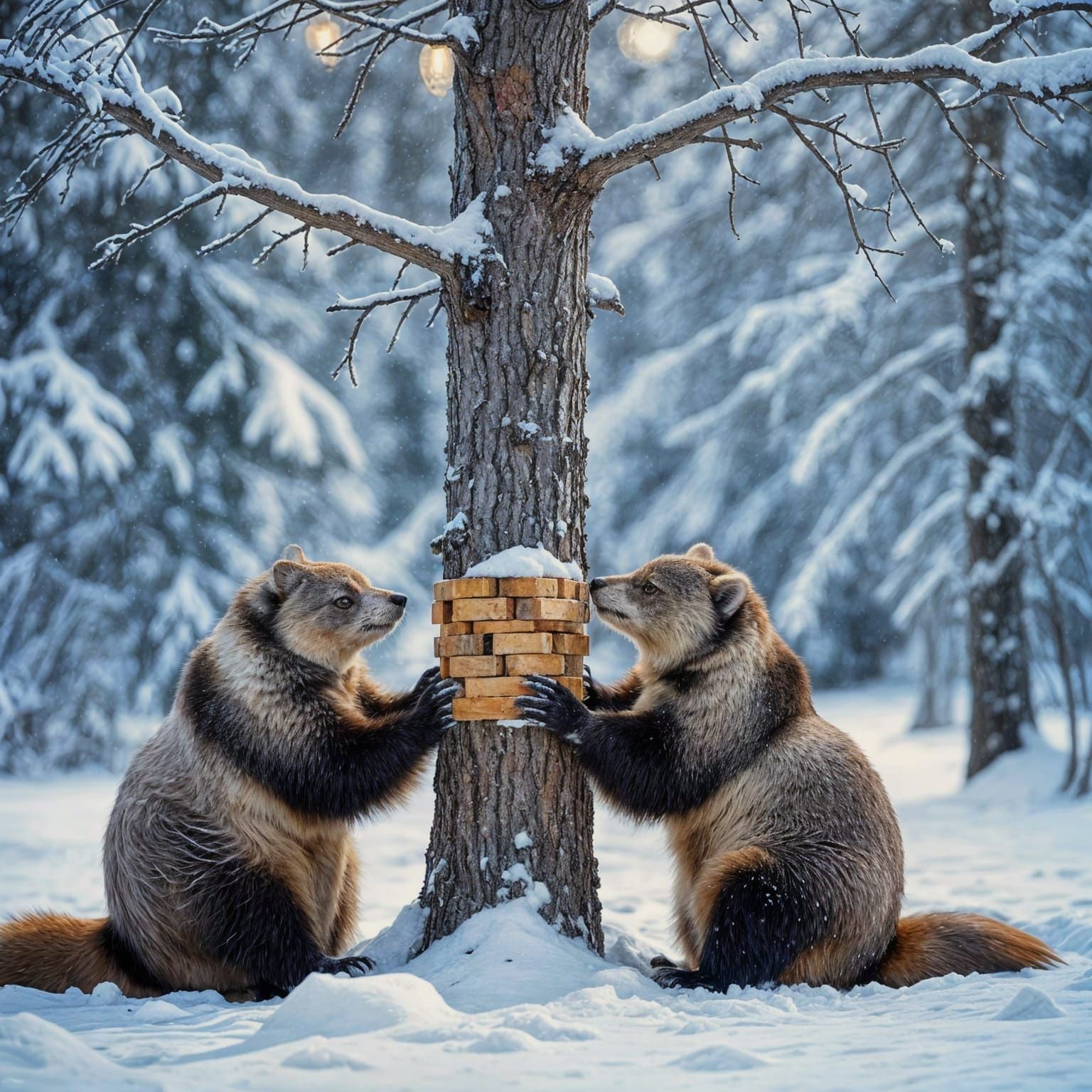 Beavers Building Dam in Snowy Forest Scene