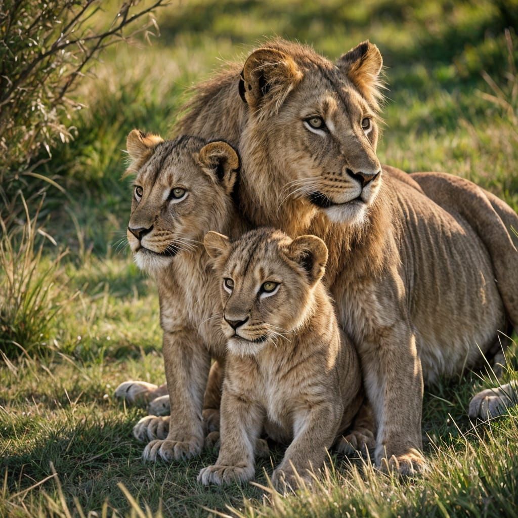 Hyper-Realistic Lion Cub and Mother Playing