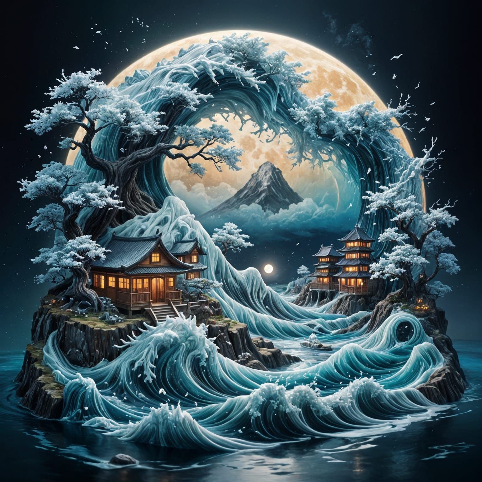 Ethereal Nocturnal Fantasy in Icy Sumi-e Style