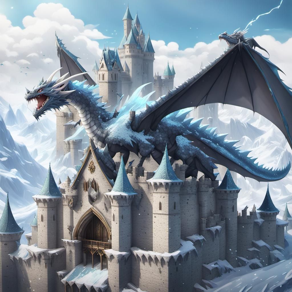 Ice Dragon Attacking Castle: 3D Anime Art