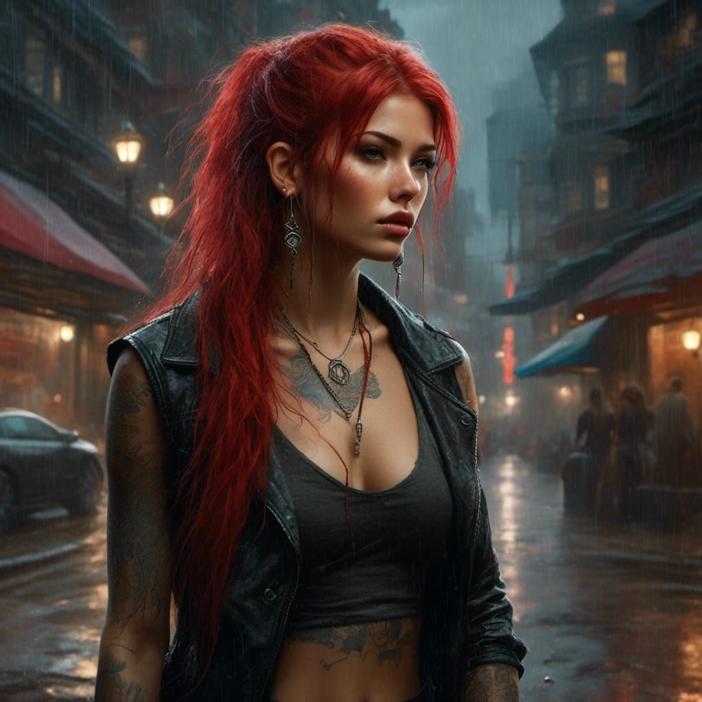 Cyberpunk Tomboy with Red Hair in Rain