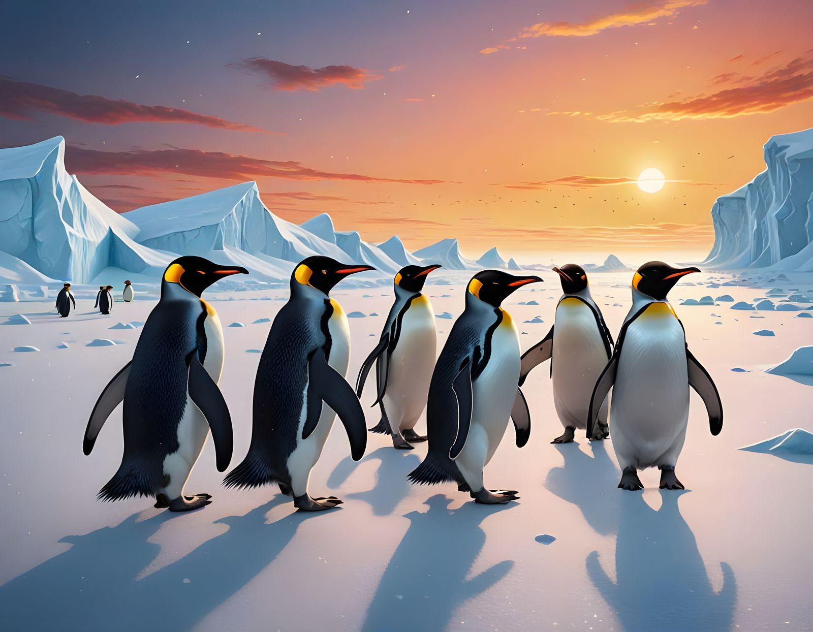 Penguins March in Parade at the South Pole in Vibrant Colors