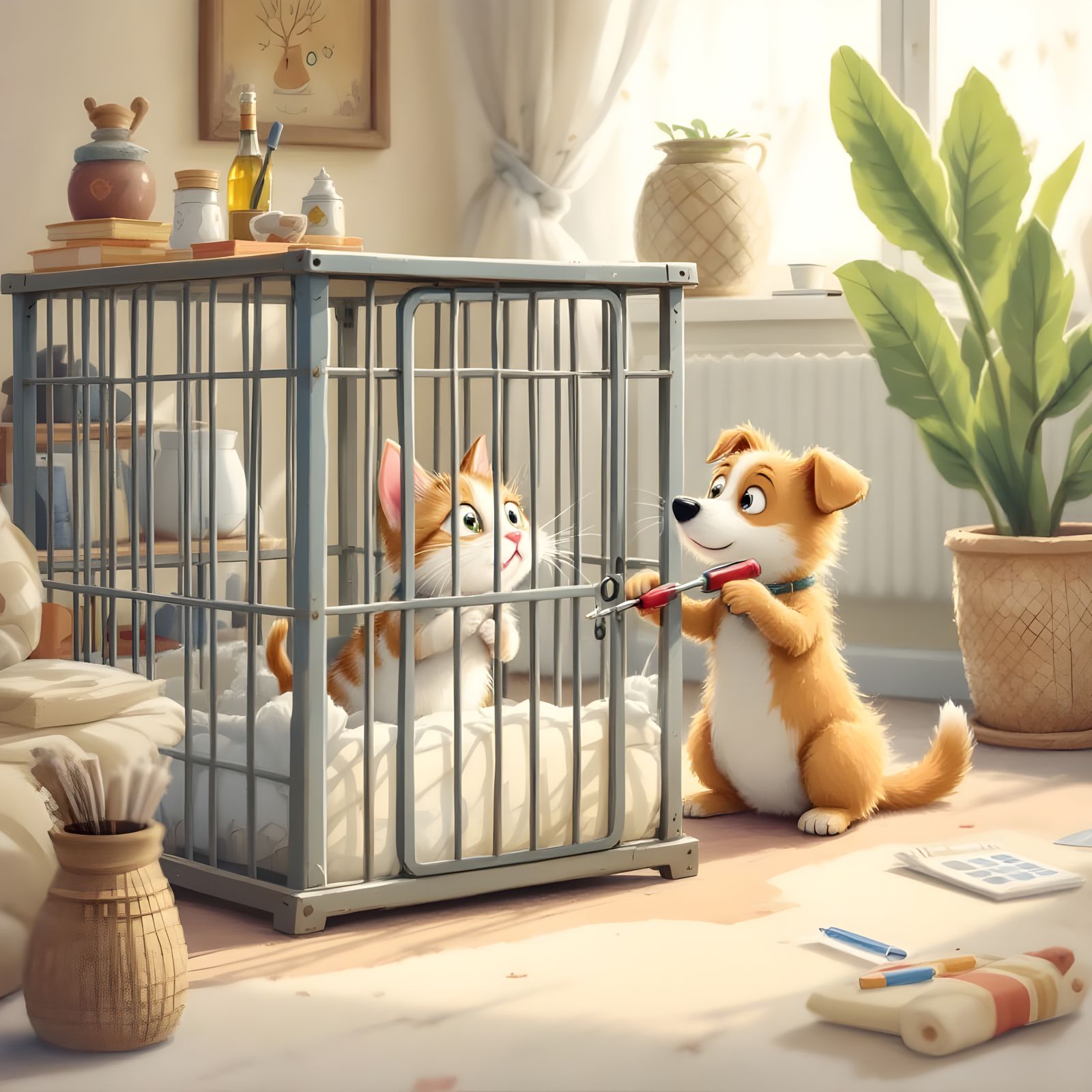 Dog Rescuing Cat: Mischievous Scene Inspired by Potter