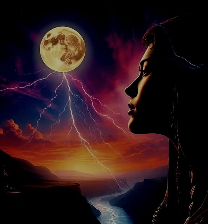 Magnetic Woman Under Moonlit Lightning Sky