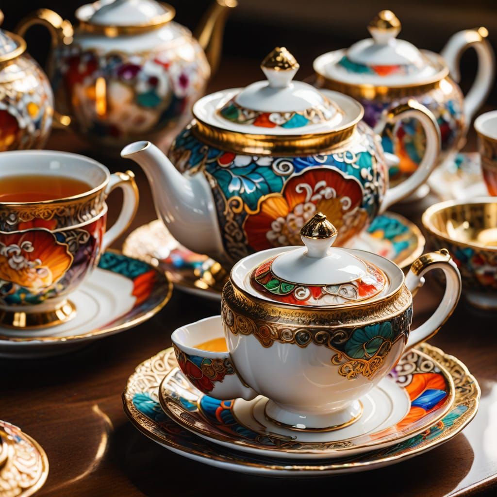 Vibrant Bone China Tea Set in Warm Golden Light