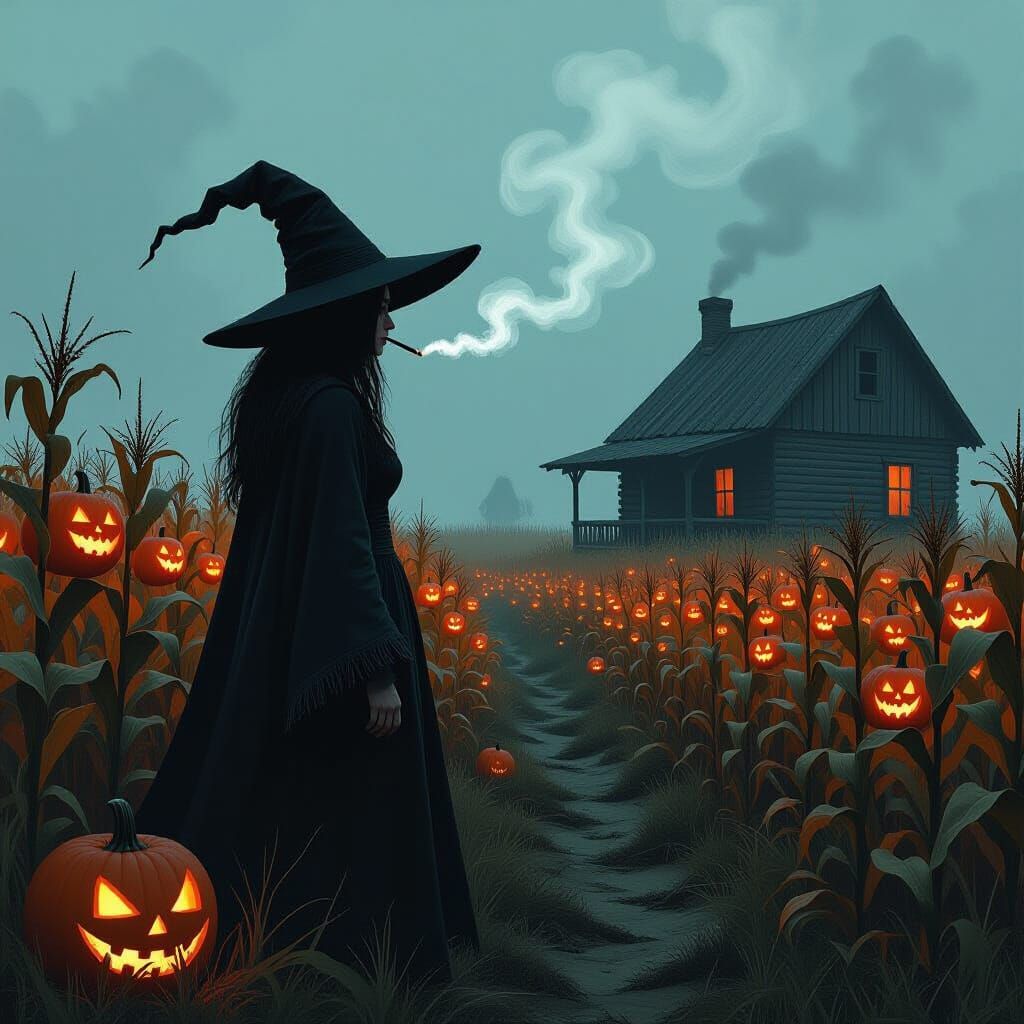 Eerie Cornfield Witch Scene in a Dystopian Style