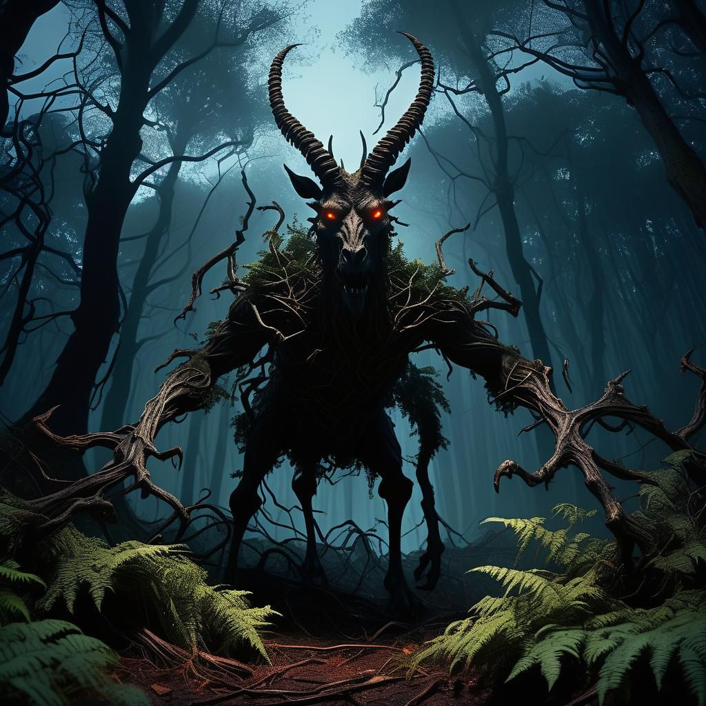 Jersey Devil in a Dark Maximalist Forest