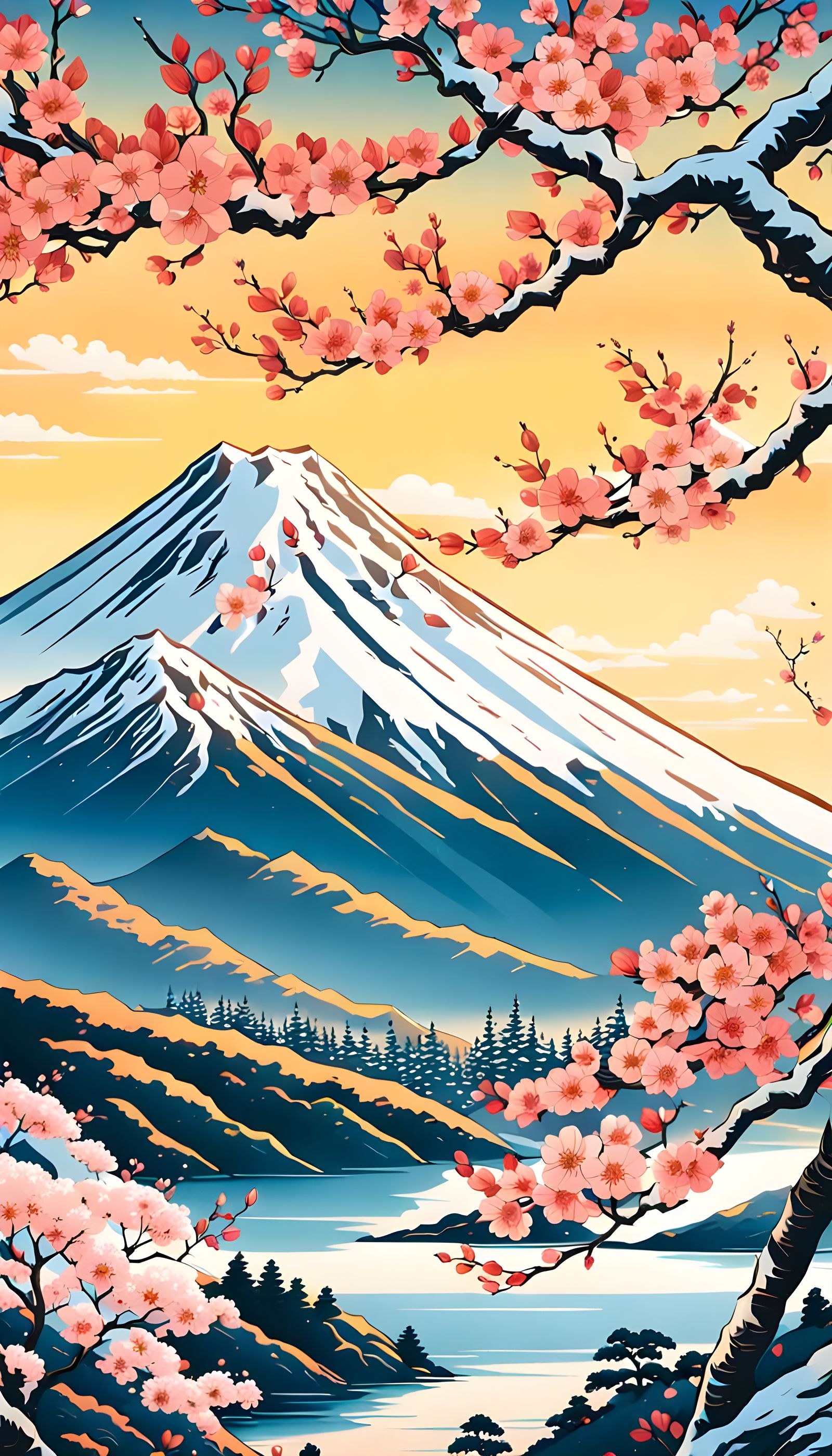Ukiyo-e Cherry Blossoms and Snowy Mountains