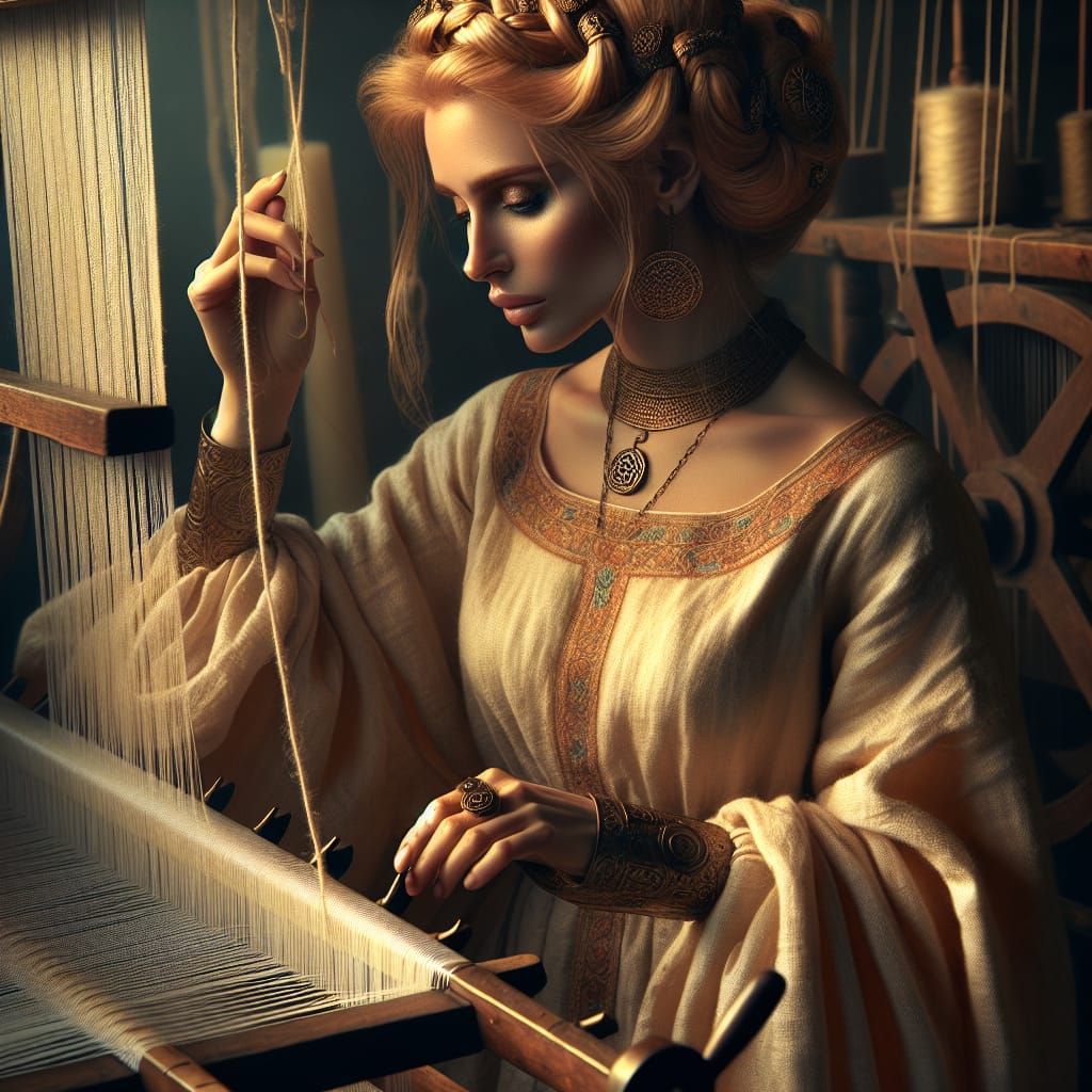 Lithuanian Fate Goddess Setting Destiny Loom, in Symbolist S...