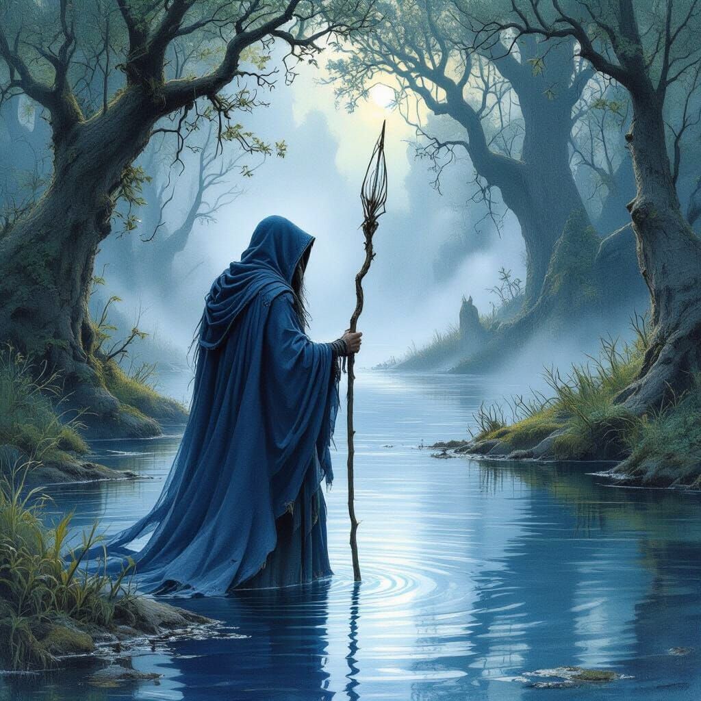 Enigmatic Druid Fishing in Misty Fangorn-Inspired Pond