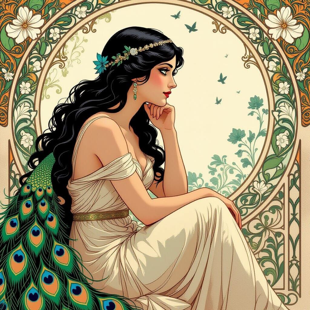 Art Nouveau Aphrodite Contemplating with Peacock