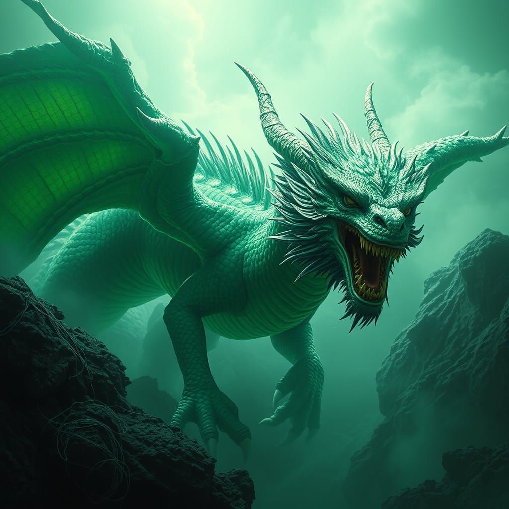 Epic Green Dragon in a Mysterious Foggy Landscape