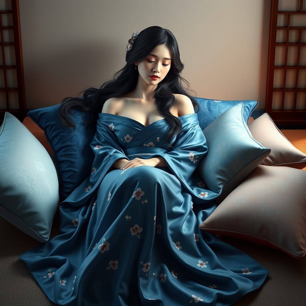 Serene Japanese Beauty in Luxurious Blue Kimono
