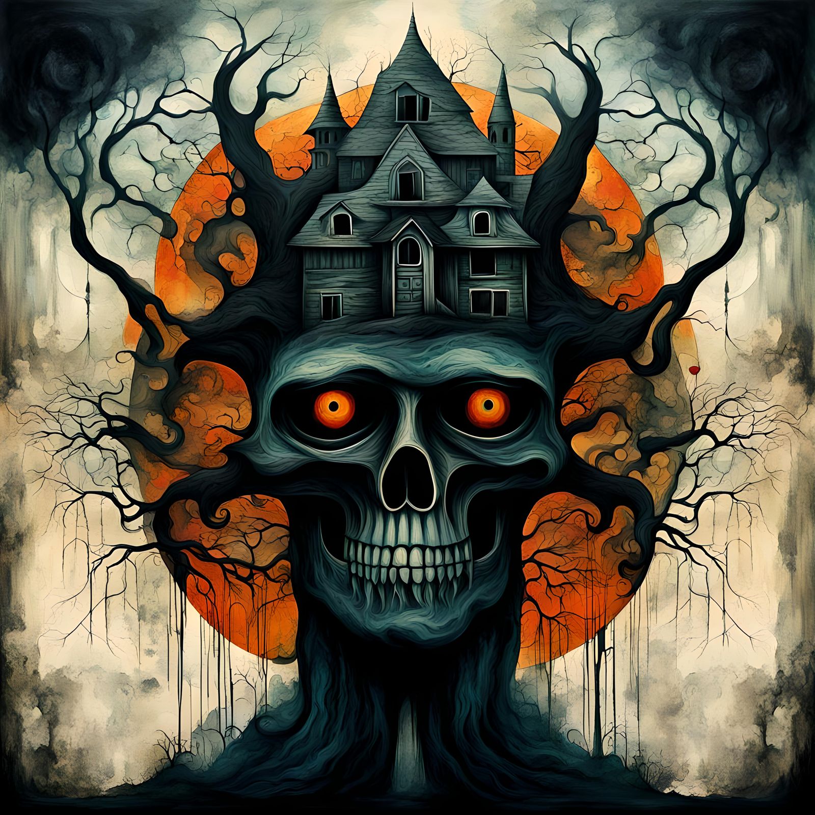 Hauntology: Surreal Abstract Art in Dark, Scary Theme