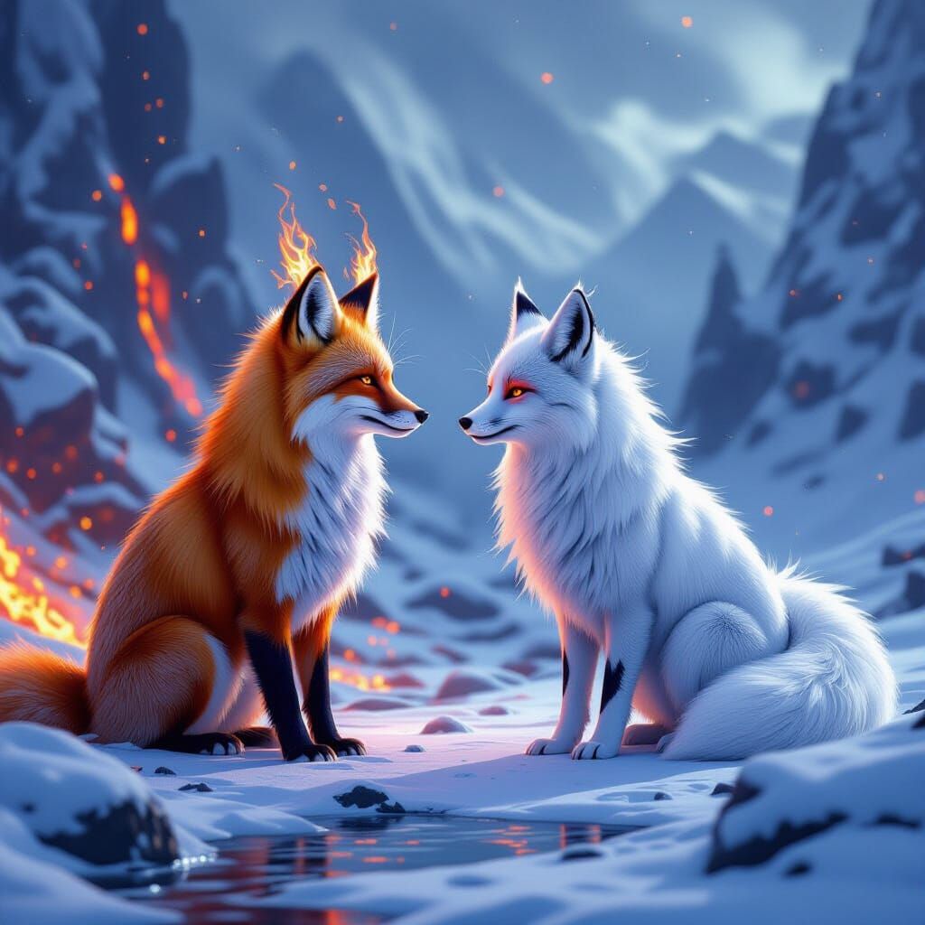 Fire and Ice Foxes in Dramatic Elemental Landscape