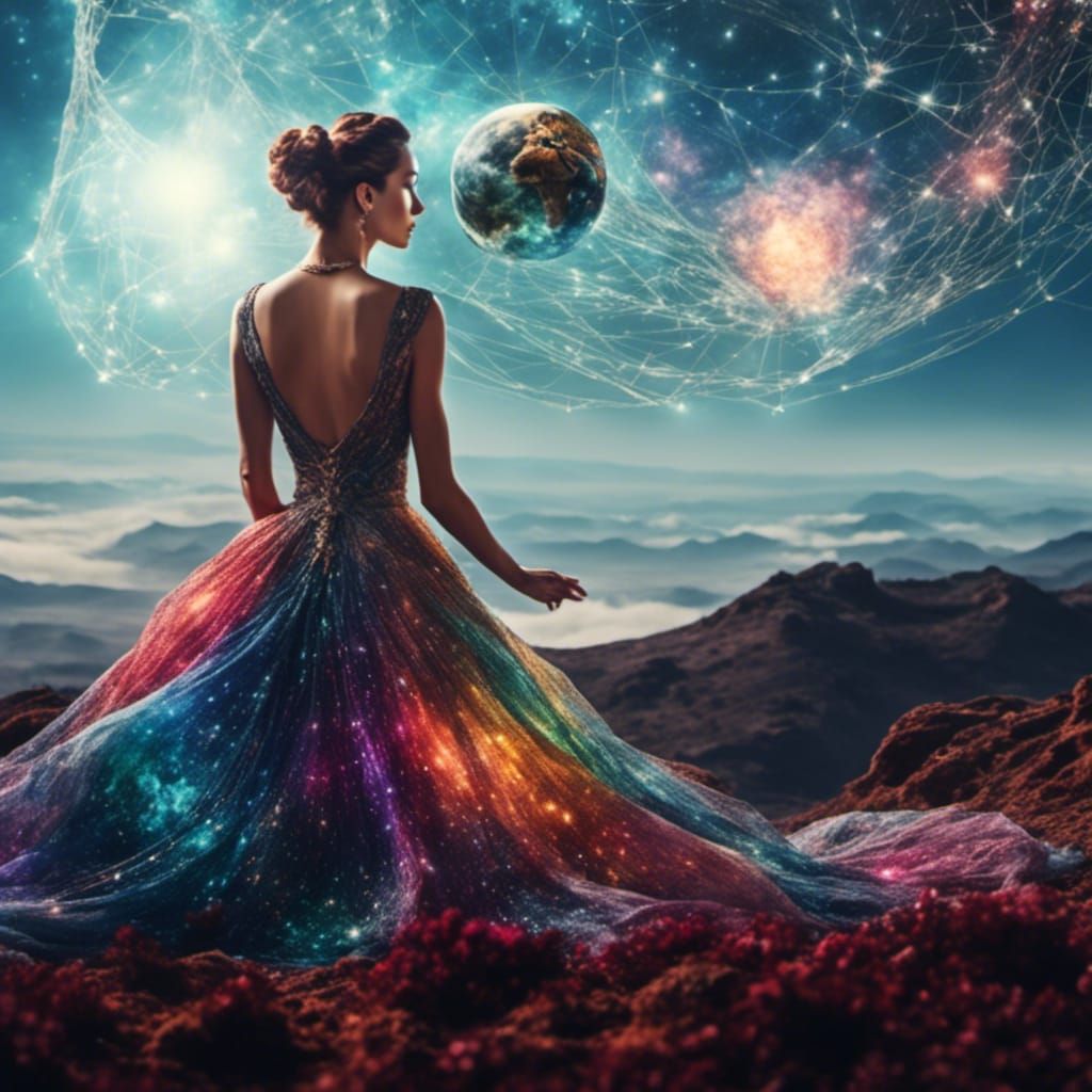 Multicolored Woman Igniting Earth Sphere in Cosmos