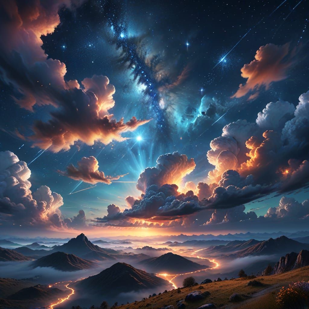 Cosmic Night Sky With Sparkling Stars And Dramatic Clouds