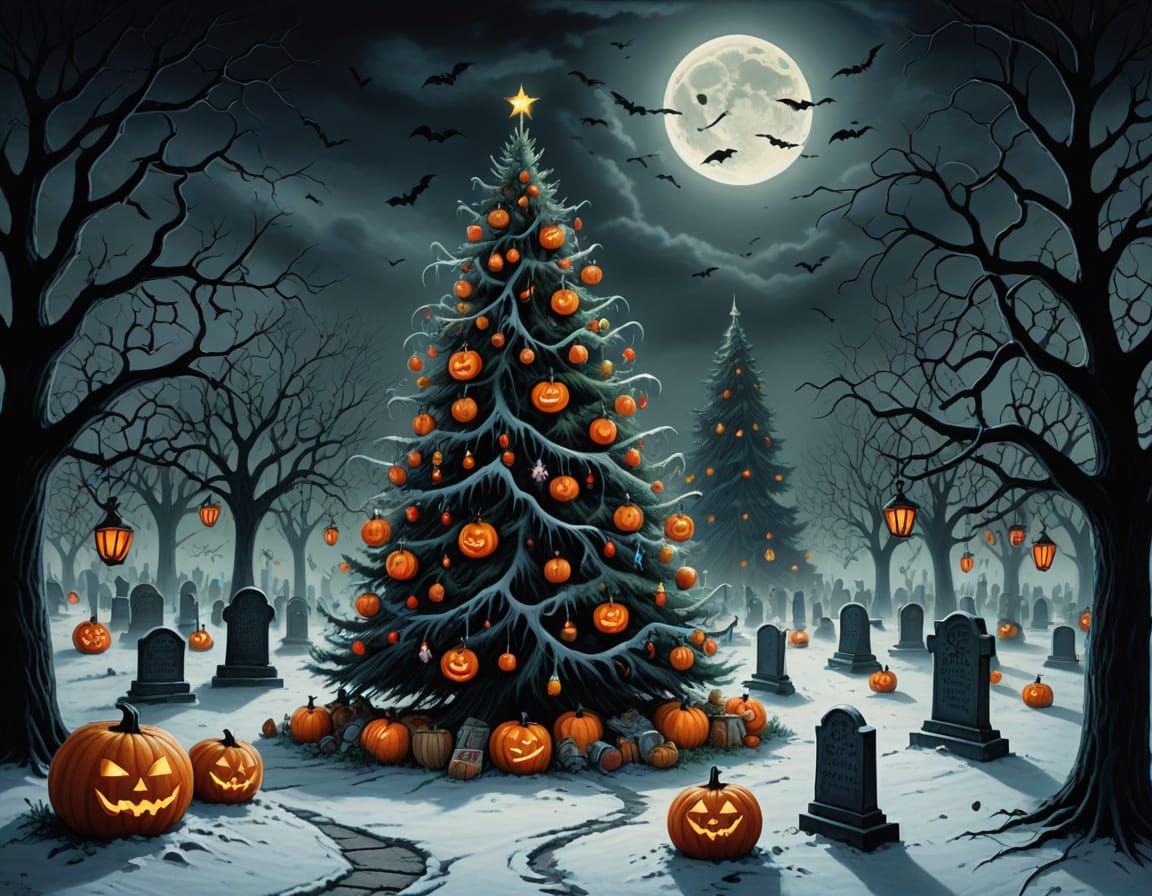 Haunted Christmas Tree in Snowy Graveyard