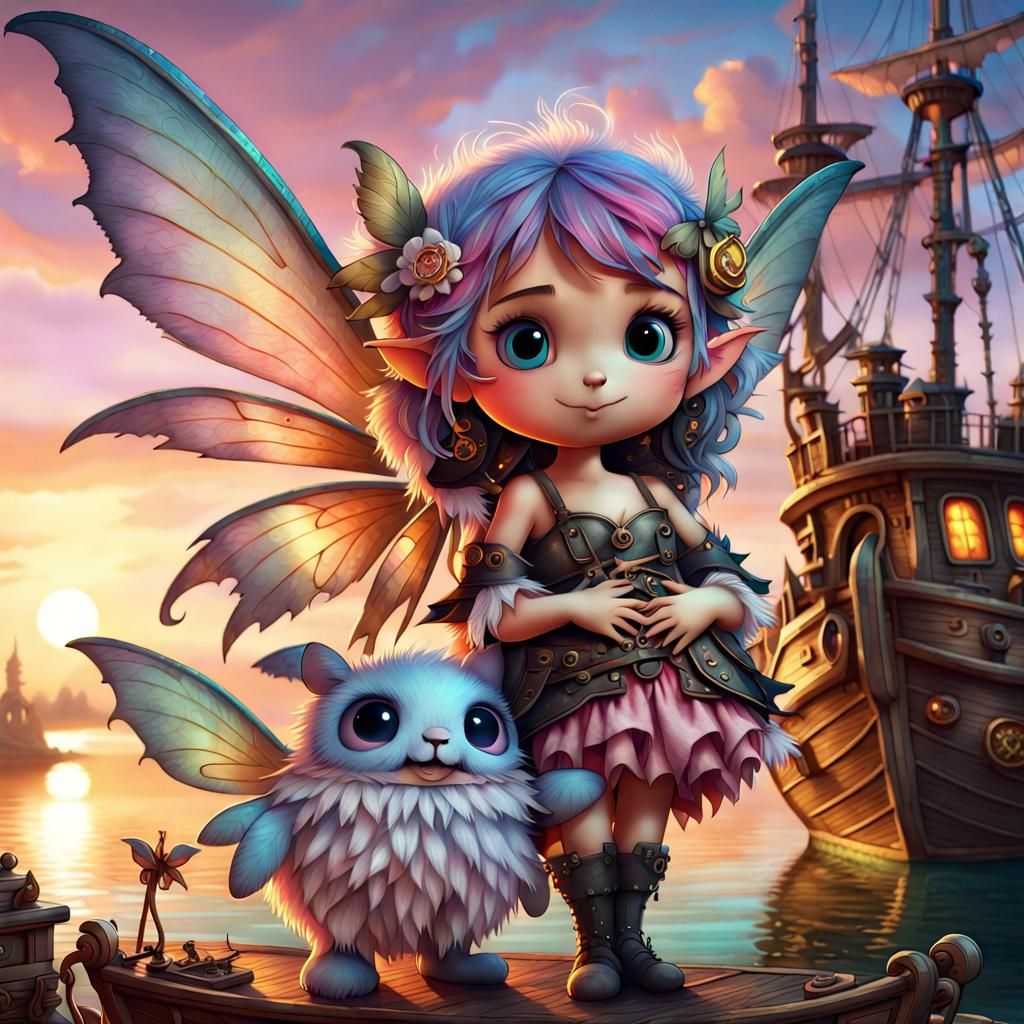 Happy Fairy Pirate with Cuddly Monster at Sunset