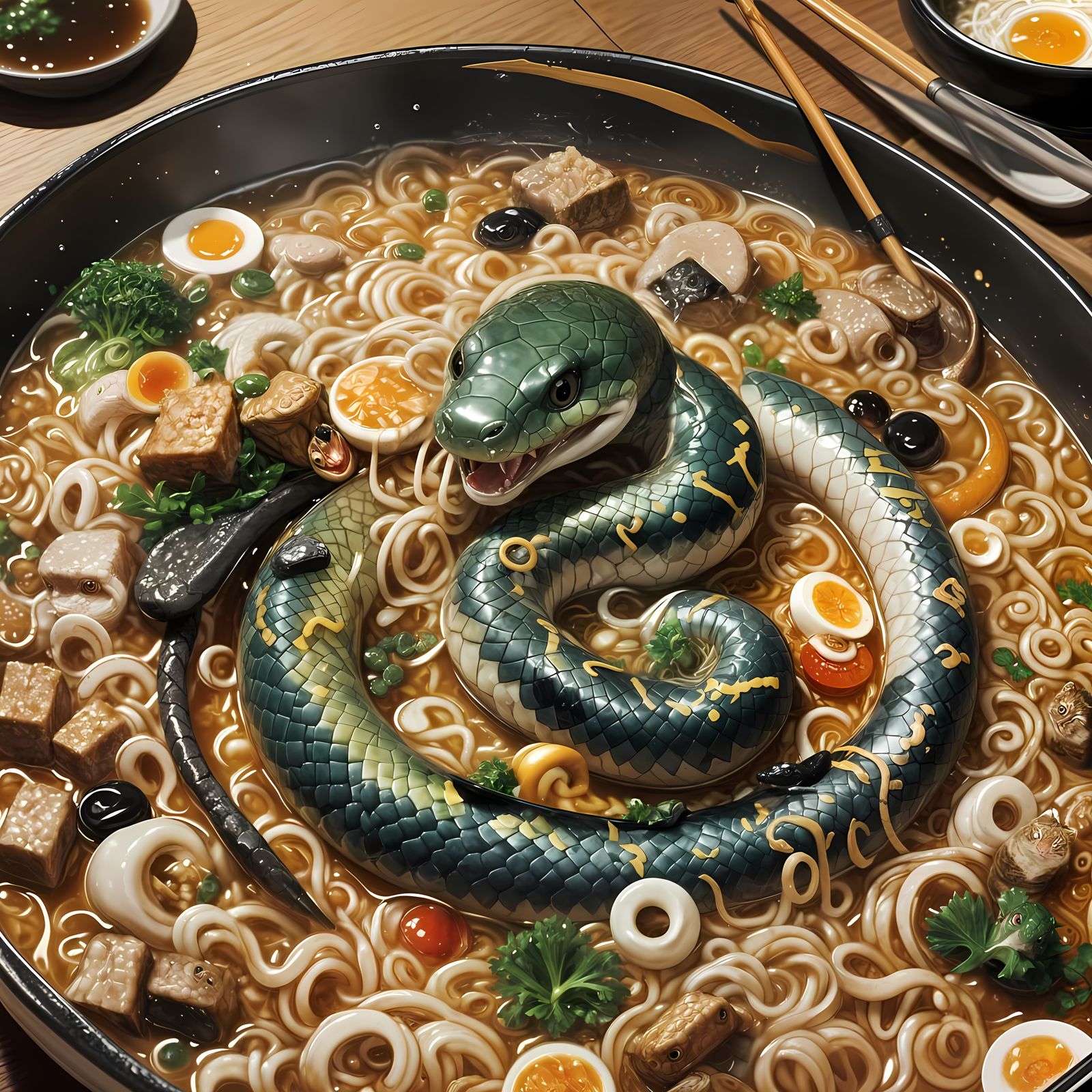 Happy Snake in Ramen Bowl, Digital Art
